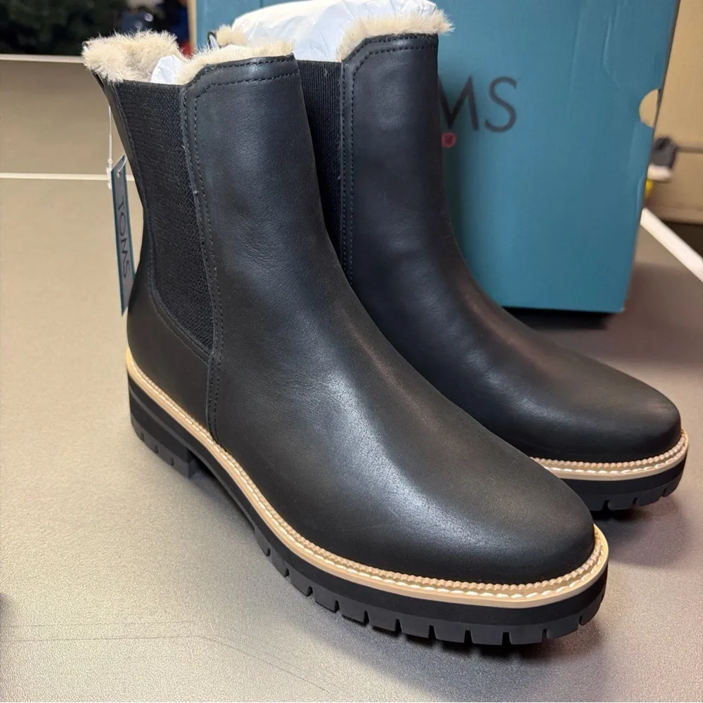 NWT Toms Dakota Chelsea Black‎ Leather Water Resistant Chunky Ankle Boots US 8